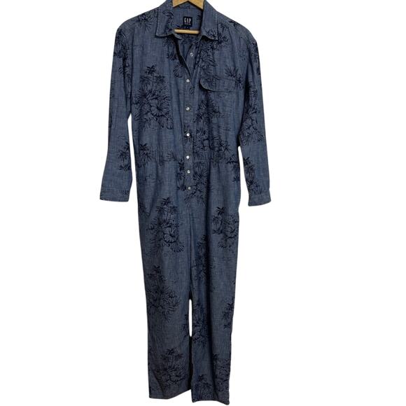 GAP Chambray Indigo Floral Denim Jumpsuit Size 10 - Picture 1 of 4